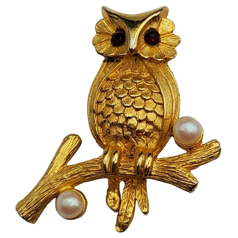 Owl Gold Tone‎ Brooch Bird Branch Faux Pearl Nature Pin Red Eyes Vintage